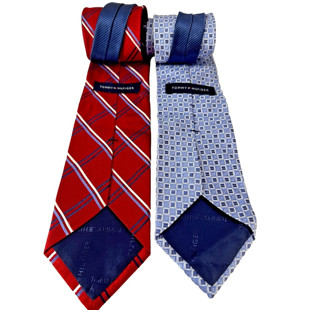Tommy Hilfiger 2 Silk Ties Red Blue Geometric Striped Print Preppy Nautical Work